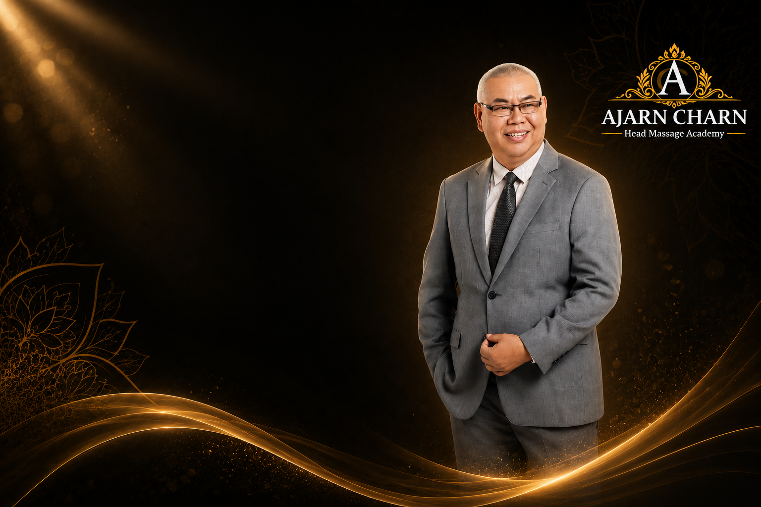 อาจารย์ชาญ ผู้ก่อตั้ง AJARN CHARN HEAD MASSAGE ACADEMY บนพื้นหลังดำทองหรูหรา